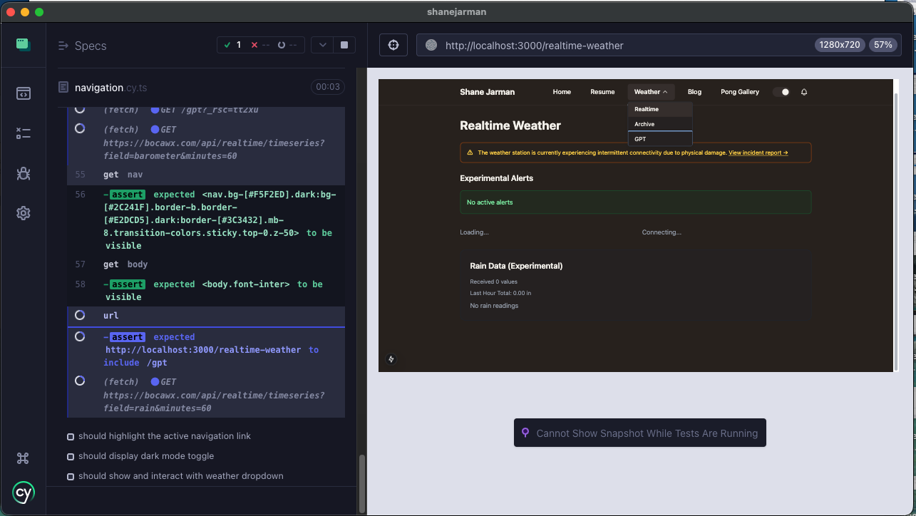 Cypress test runner UI showing passing E2E test cases